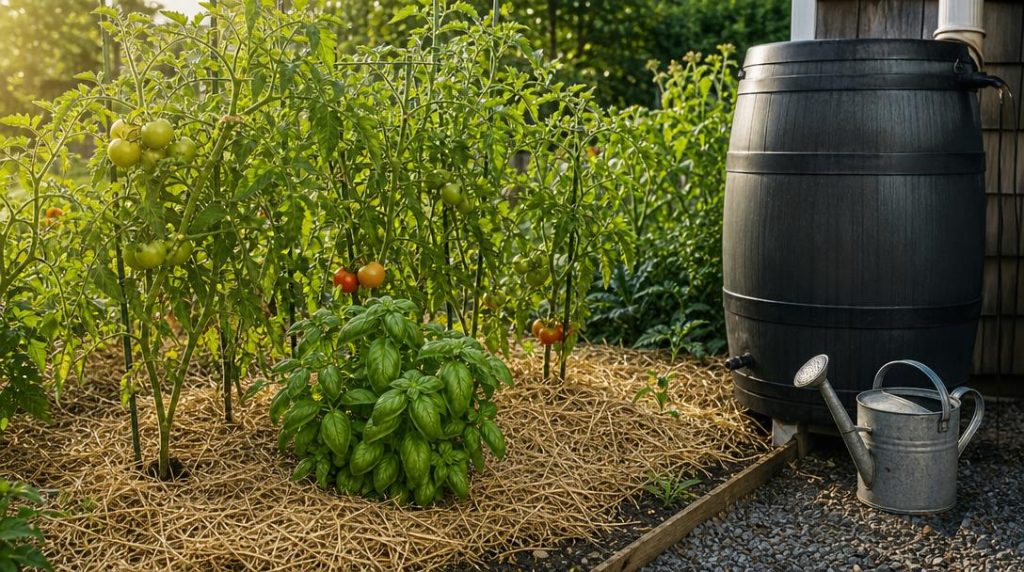 Potager paillé avec récupérateur d’eau de pluie