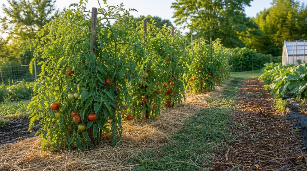 Tomates mûres avec paille, tonte et broyat au sol