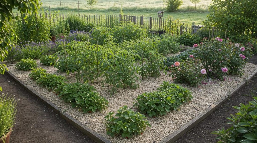 Potager et massif recouverts de paille de lin