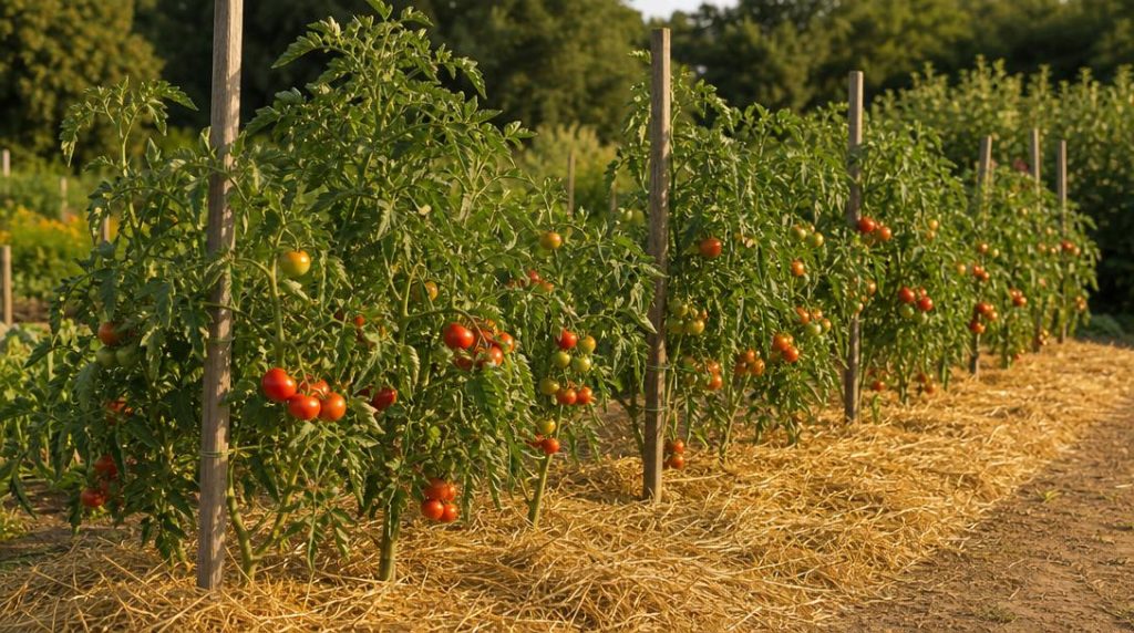 Paille disposée autour de tomates tuteurées en pleine terre