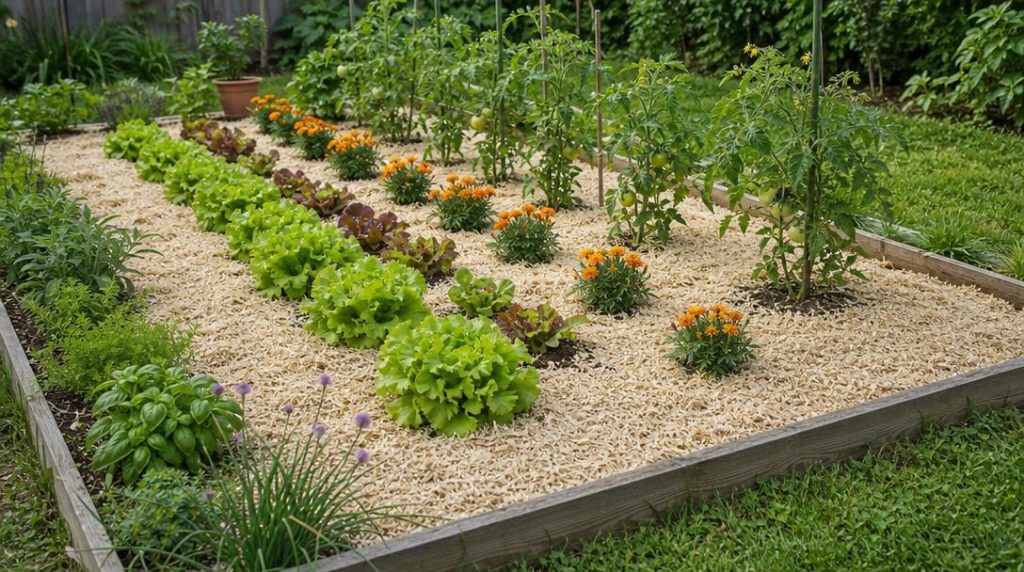 Potager et massif protégés par paillis de chanvre