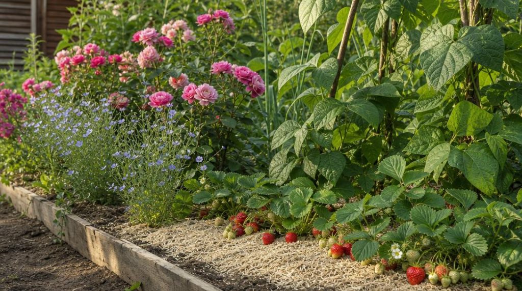 Fraisiers et rosiers paillés dans un jardin