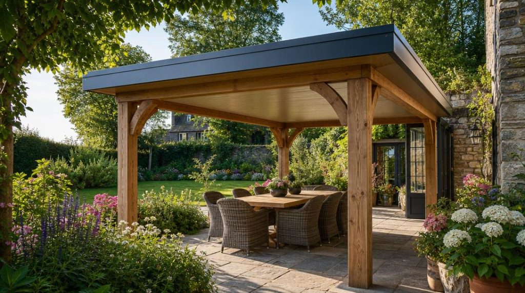 Pergola avec toiture isolante au-dessus d’une terrasse