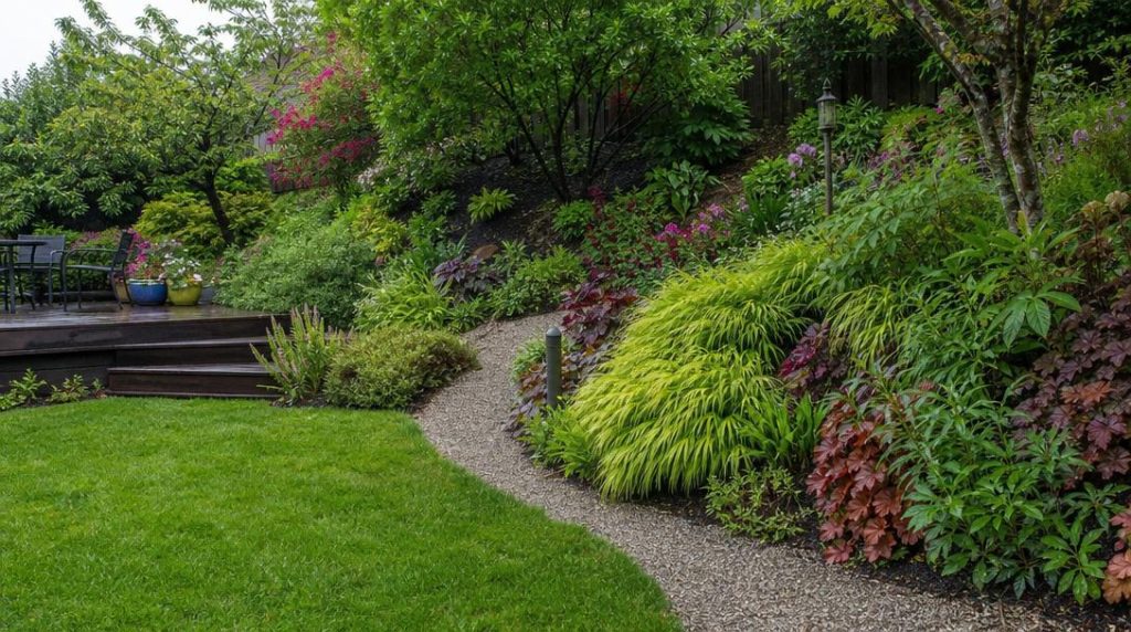 Pente douce, terrasse basse et allée dans un jardin