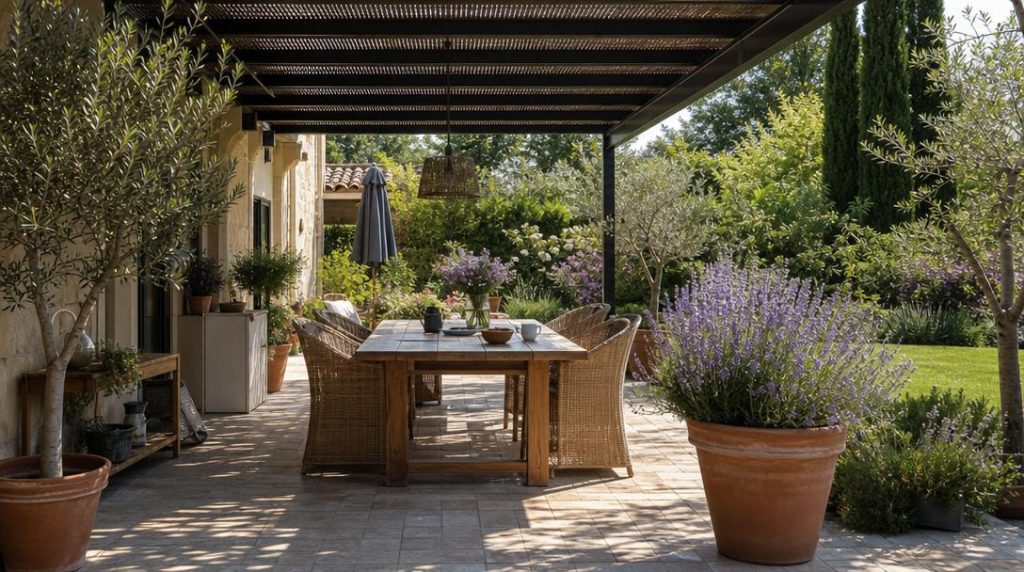 Terrasse ombragée sous pergola bioclimatique pendant une canicule