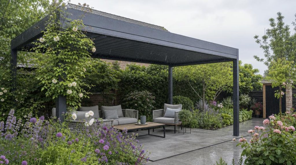 Pergola bioclimatique à lames fermées sous la pluie
