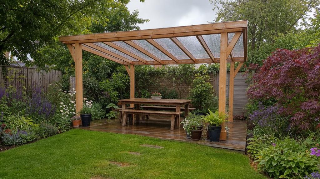 Pergola en bois couverte protégeant une terrasse après la pluie