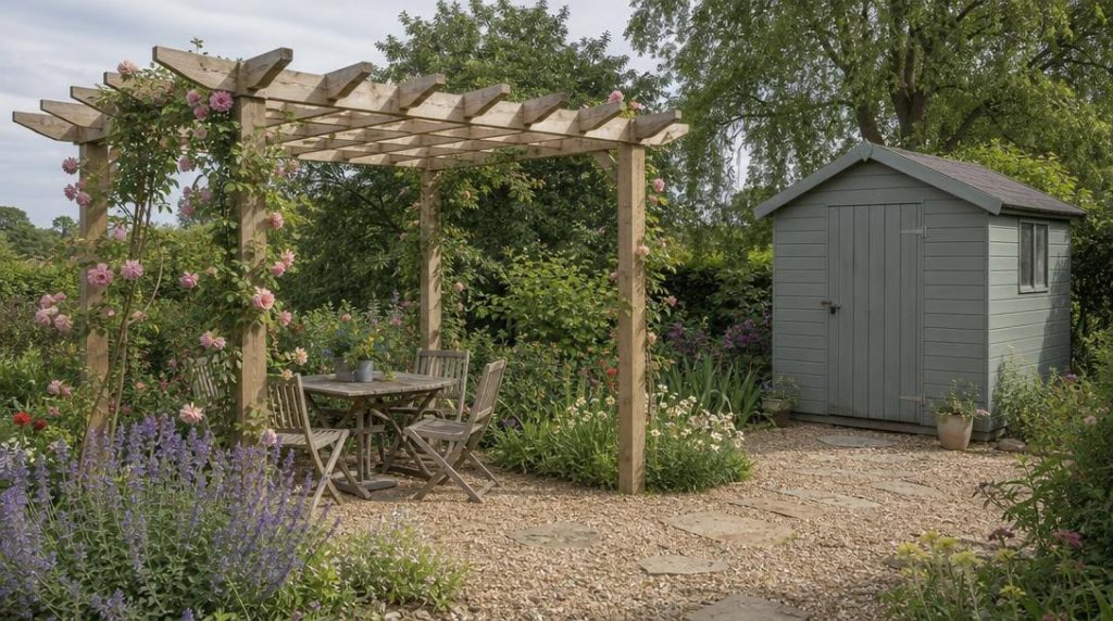 Pergola ouverte à côté d’un abri de jardin fermé