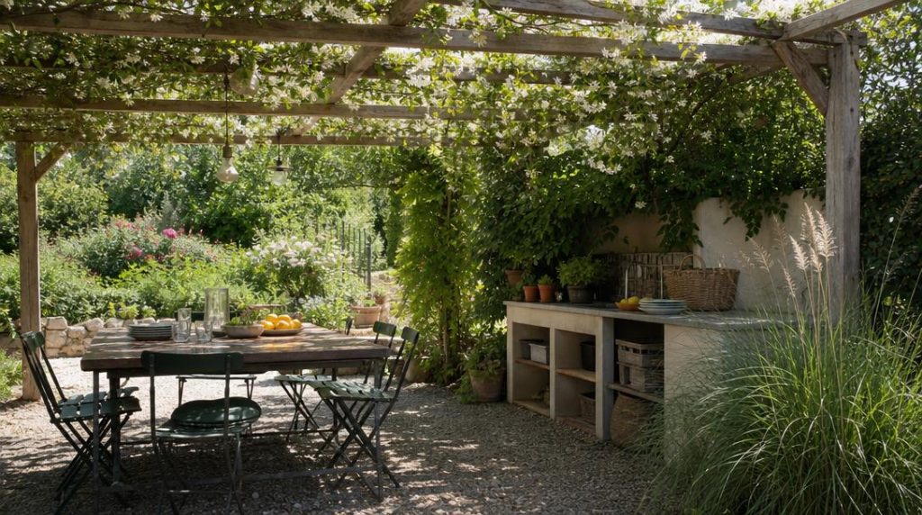 Coin cuisson extérieur protégé sous pergola végétalisée