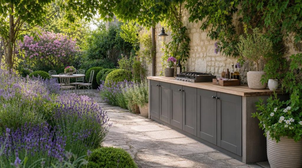 Cuisine extérieure compacte avec passage libre sur terrasse