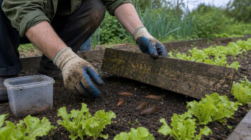 Jardinier relevant une planche piège près de jeunes salades