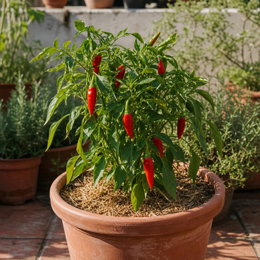 Plant de piment rouge dans un pot sur terrasse