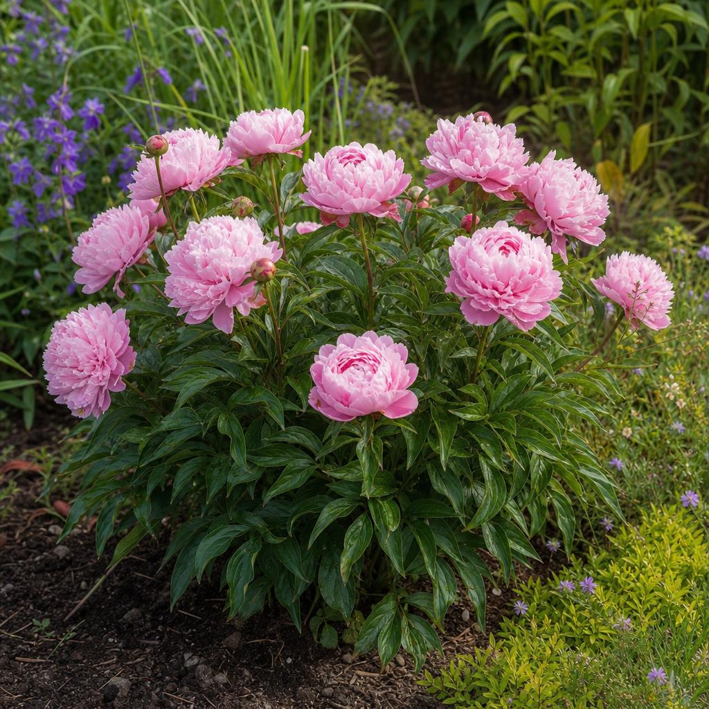 Pivoine rose dans un massif lumineux et aéré