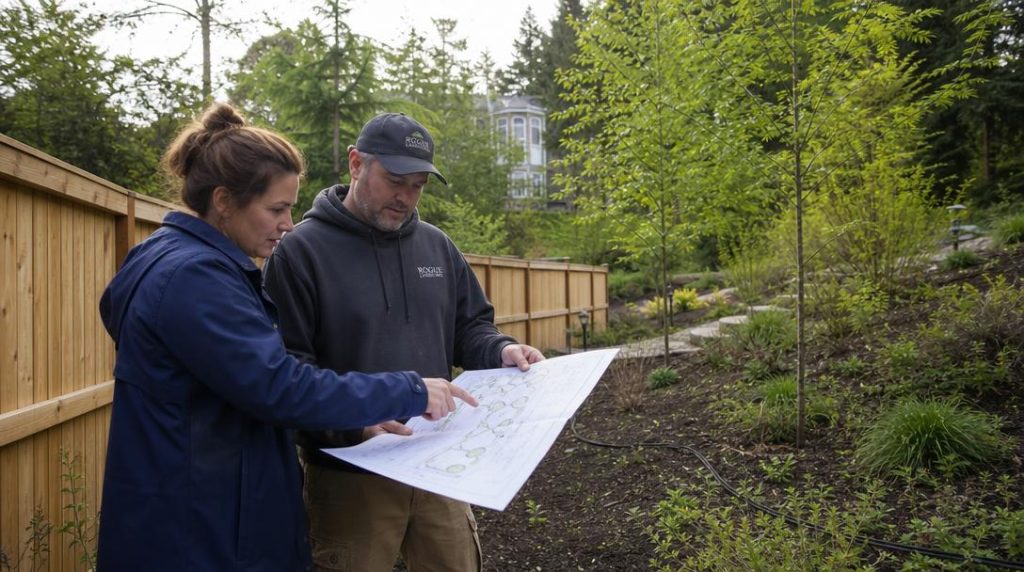 Intervenants consultent un plan dans un jardin en pente