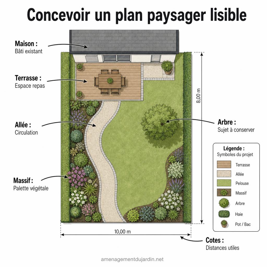 Schéma d’un plan paysager avec légende et cotes