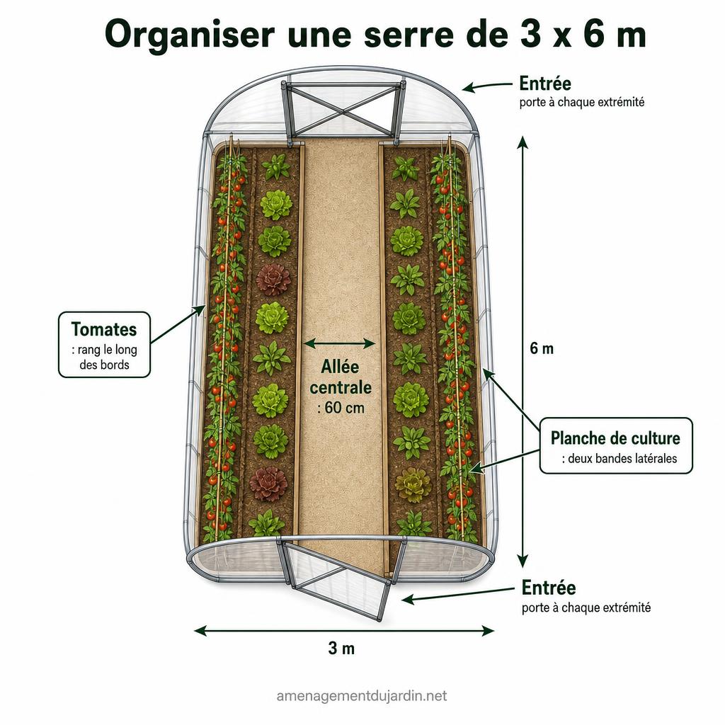 Plan vu du dessus d’une serre de 3 x 6 m