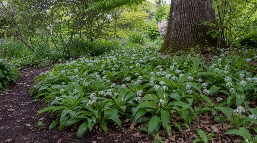 Touffes d'ail des ours sous un arbre caduc