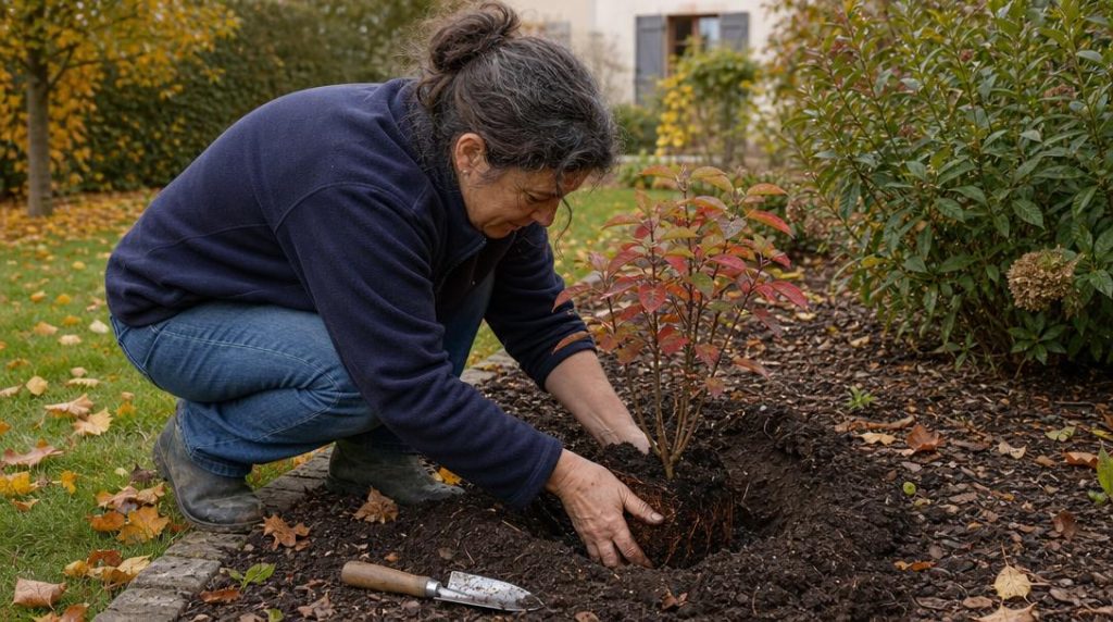 Plantation automnale d'un arbuste dans un massif paillé