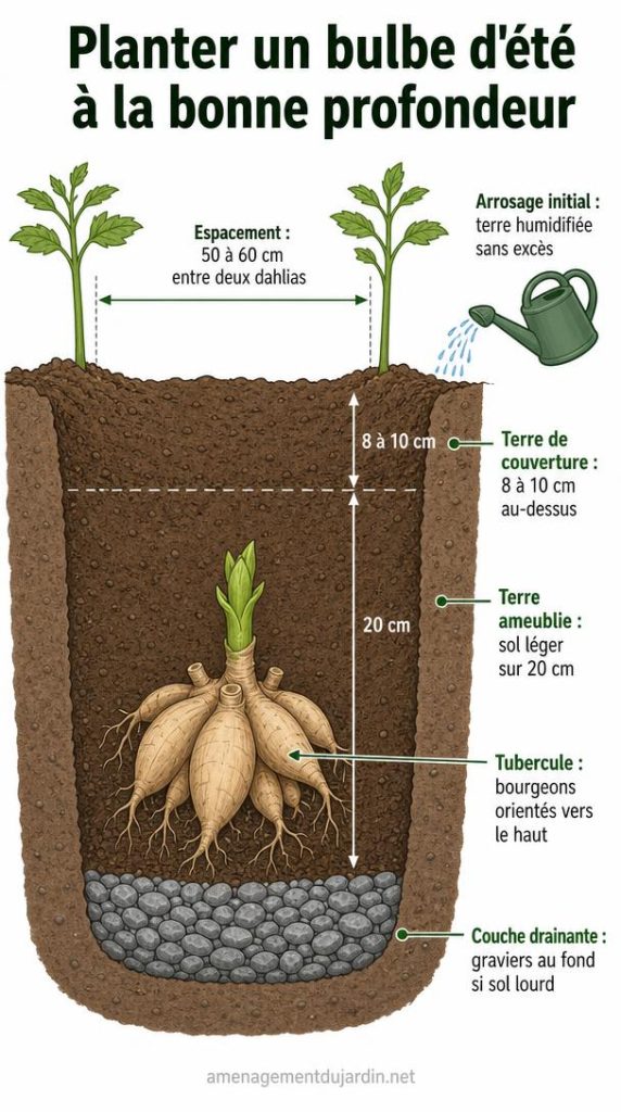 Schéma de plantation d'un tubercule de dahlia