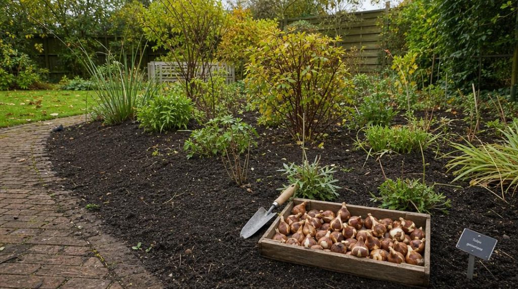 Bulbes de tulipes prêts à planter dans un massif