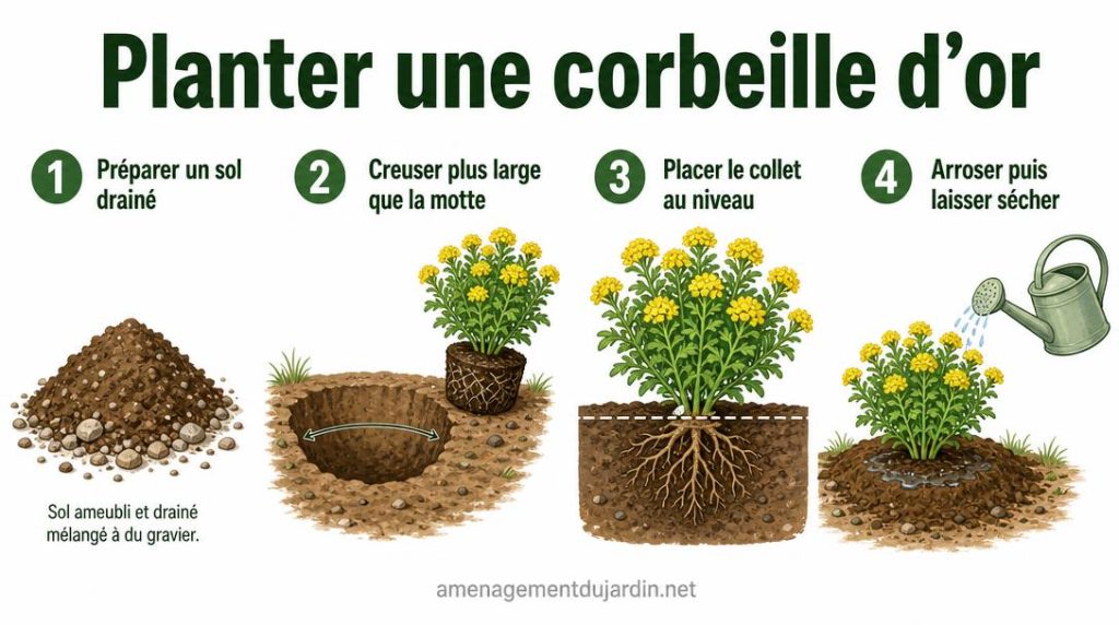 Étapes de plantation d'une corbeille d'or en pleine terre