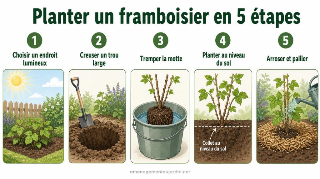 Étapes de plantation d'un framboisier en pleine terre