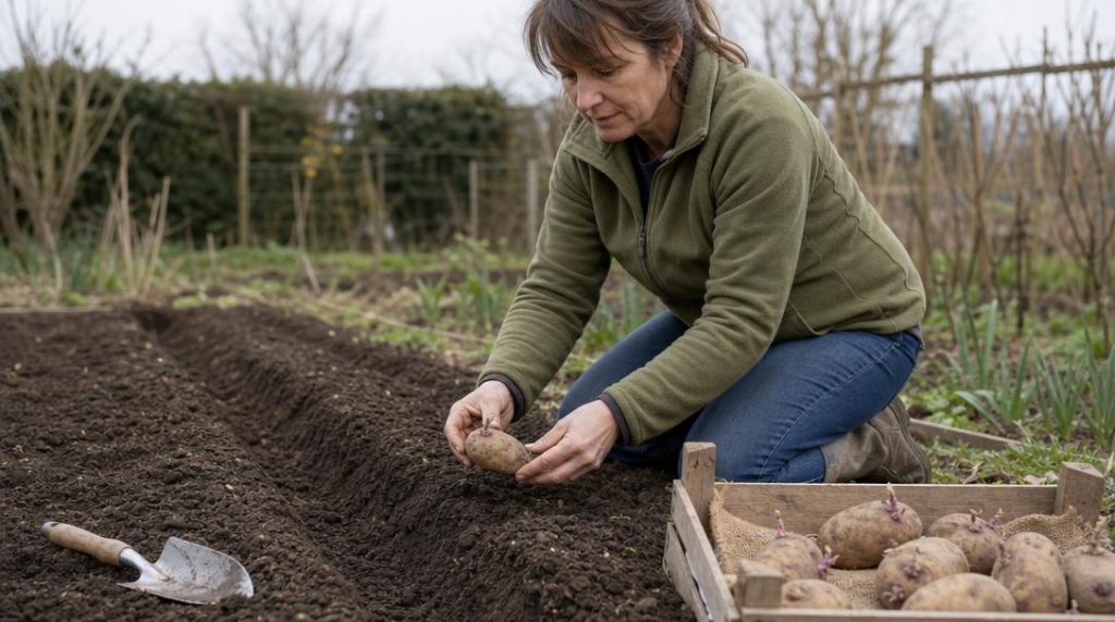 Plantation d'un tubercule avec germe court vers le haut