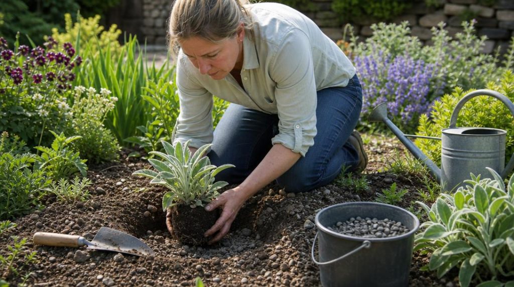 Plantation d'un Stachys dans une terre drainante