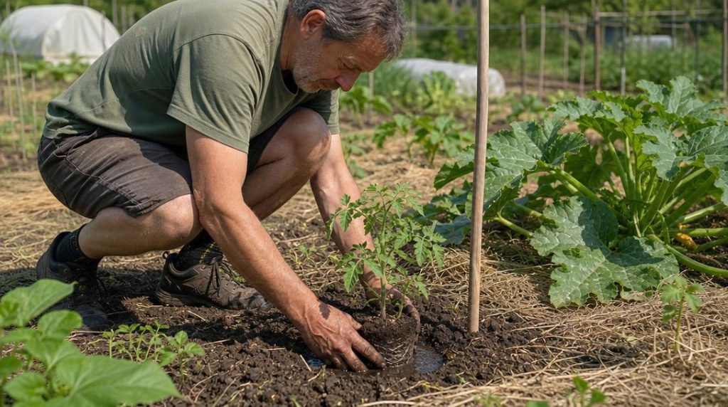 Plantation de tomates et courgettes dans un potager