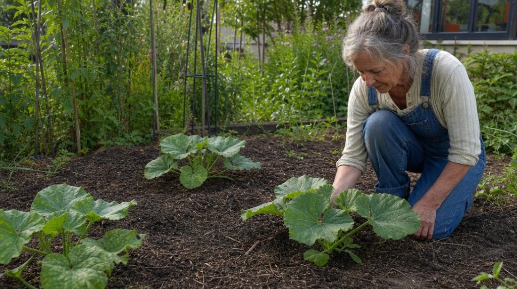 Jeunes courgettes plantées dans un potager au soleil