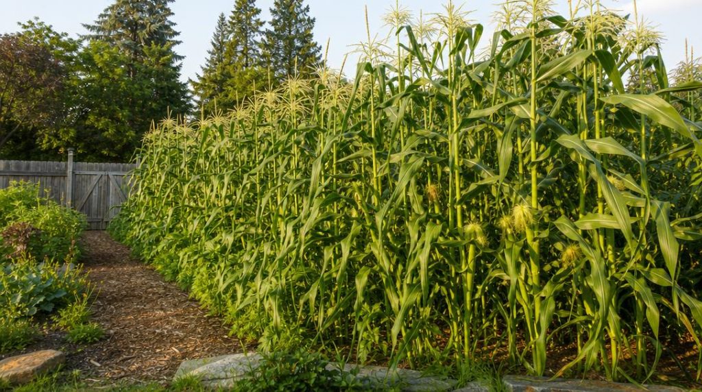 Bloc de maïs doux dans un potager ensoleillé