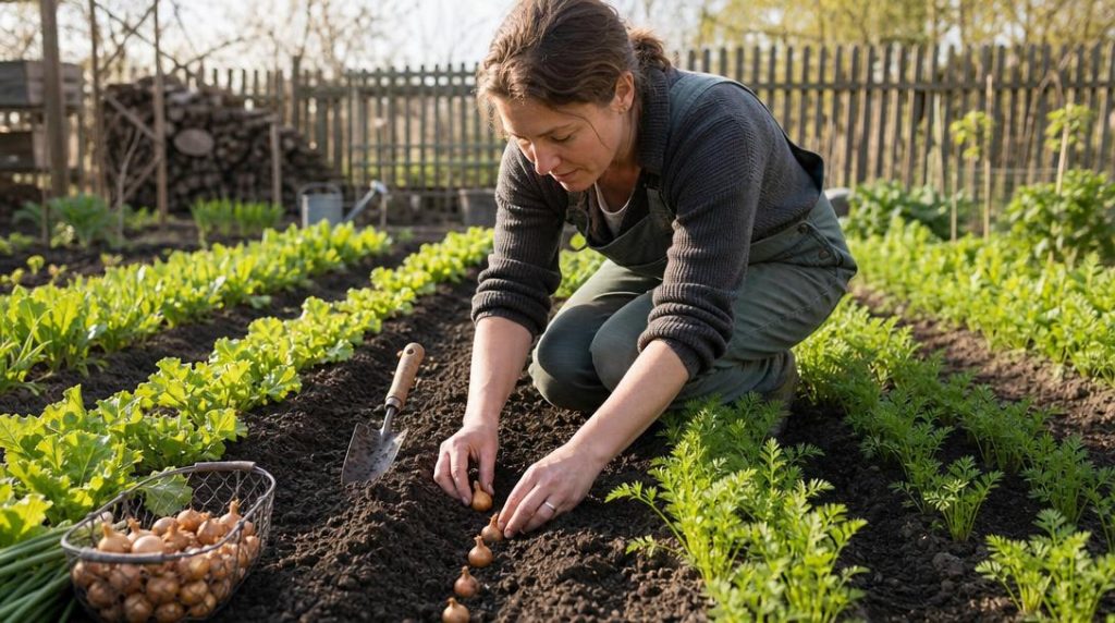 Jardinier plantant des bulbilles d’oignon dans un potager ensoleillé