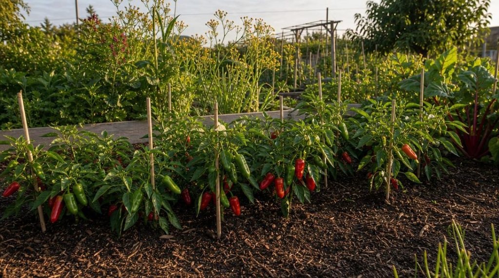 Plants de piment ensoleillés dans un potager paillé
