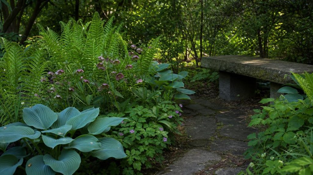 Fougères et hostas dans un coin de jardin ombragé