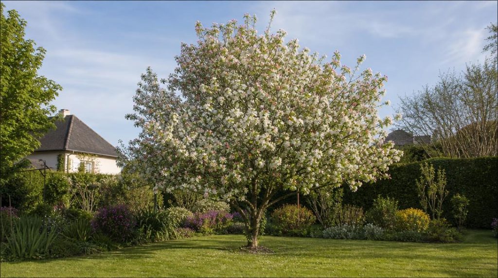 Pommier d'ornement fleuri à port arrondi dans un jardin