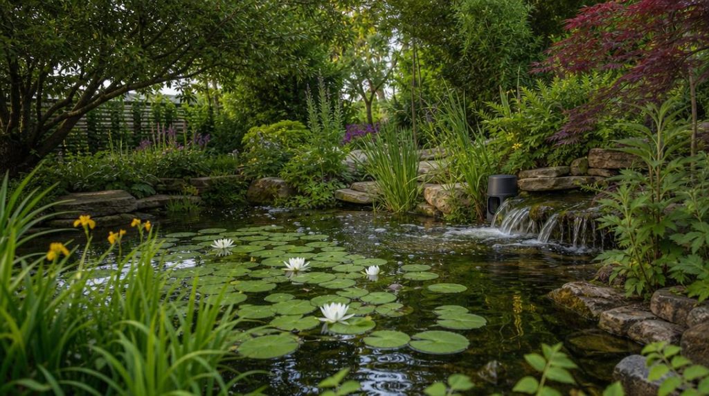 Bassin naturel avec pompe et petite cascade
