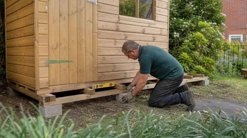 Jardinier réglant des plots sous un abri bois