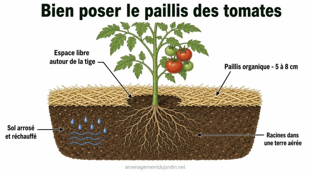 Schéma de pose du paillis autour d’un plant de tomate
