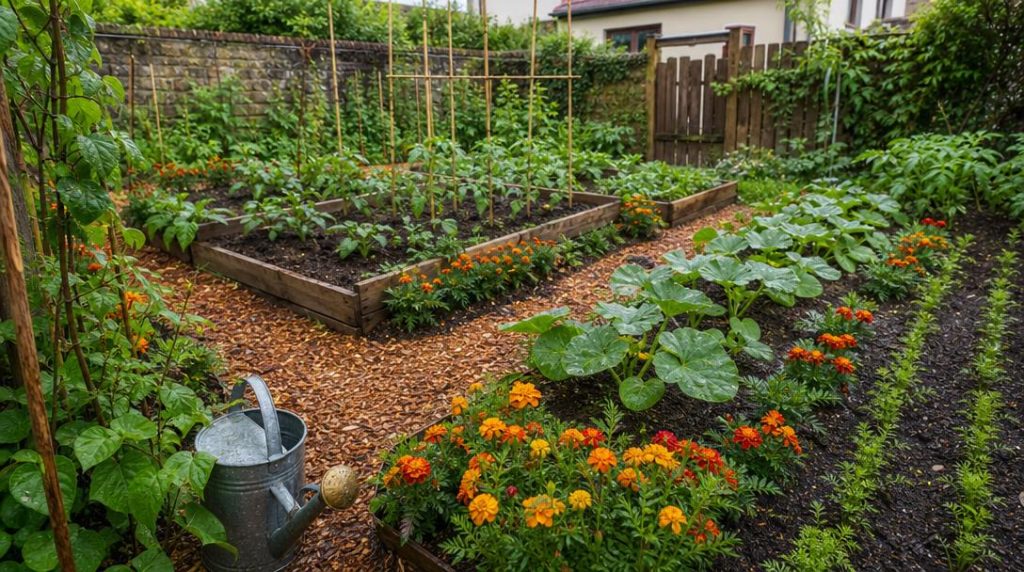 Potager de mai avec semis, tomates et fleurs