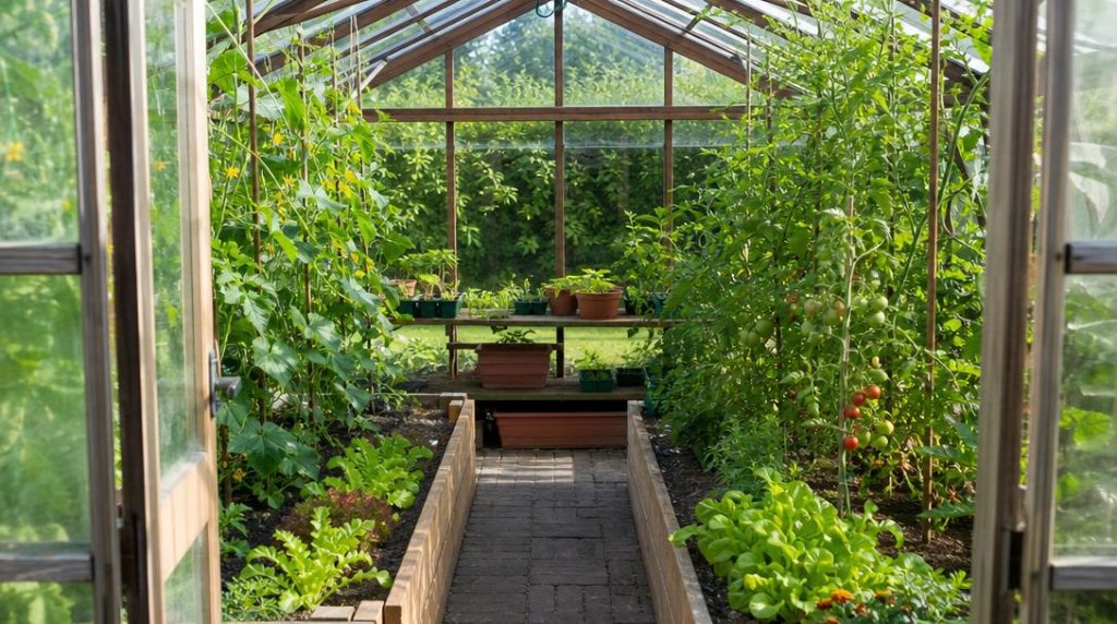 Potager en serre avec tomates, concombres et salades