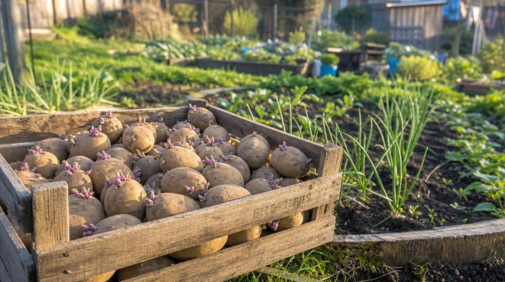 Plants de pommes de terre pré-germés en cagette au potager