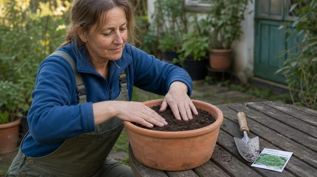 Mains préparant un pot profond avec terreau fin