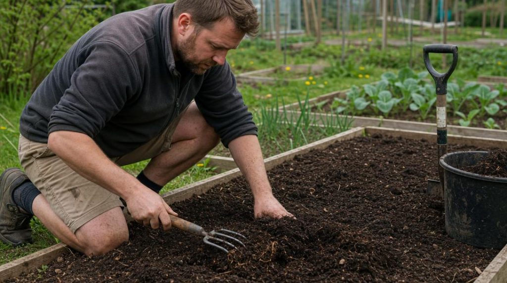 Jardinier mélangeant du compost dans une terre meuble