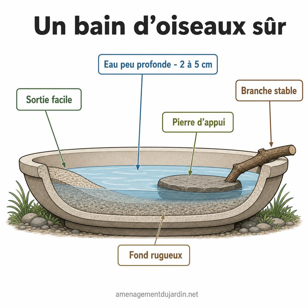 Schéma d’un bain peu profond avec pierres d’appui