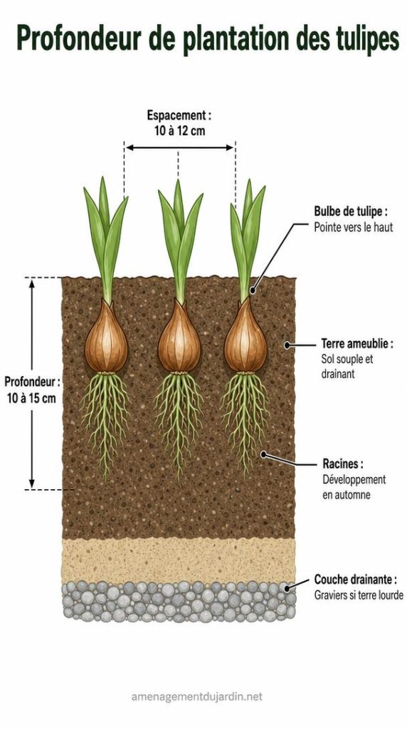Schéma de profondeur et espacement pour bulbes de tulipes