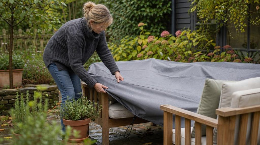 Jardinier posant une protection sur salon extérieur