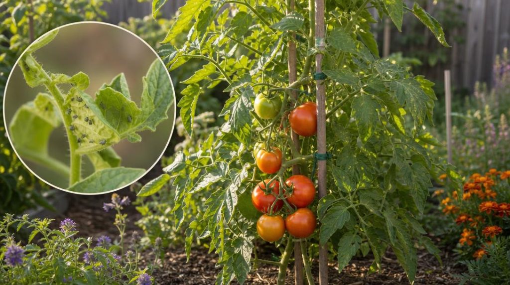 Plant de tomate avec pucerons sur jeune feuille enroulée
