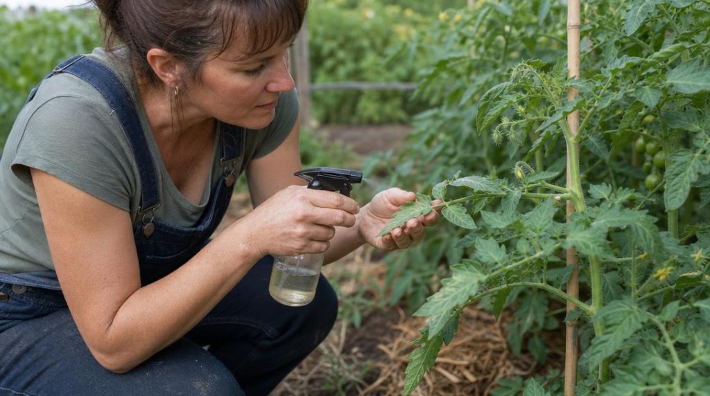 Jardinier pulvérisant du savon noir sous feuilles de tomate