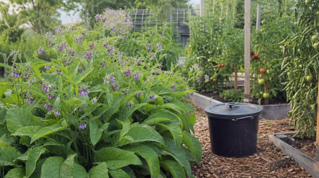 Consoude, tomates et seau dans un potager vivant