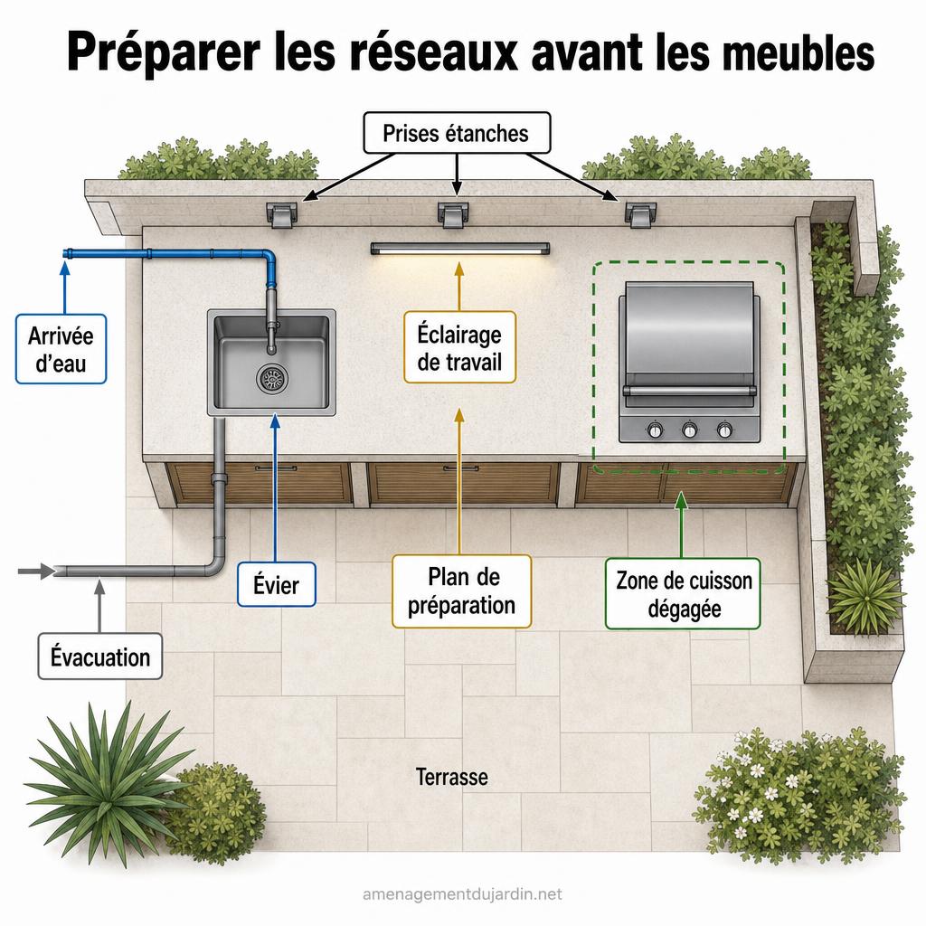 Schéma des raccordements d'un coin cuisine extérieur